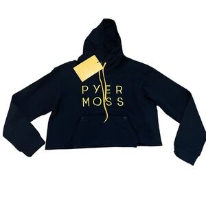 PYER MOSS Black Cropped Hoodie Yellow Logo Drawstring Pocket Cotton Women's NWT